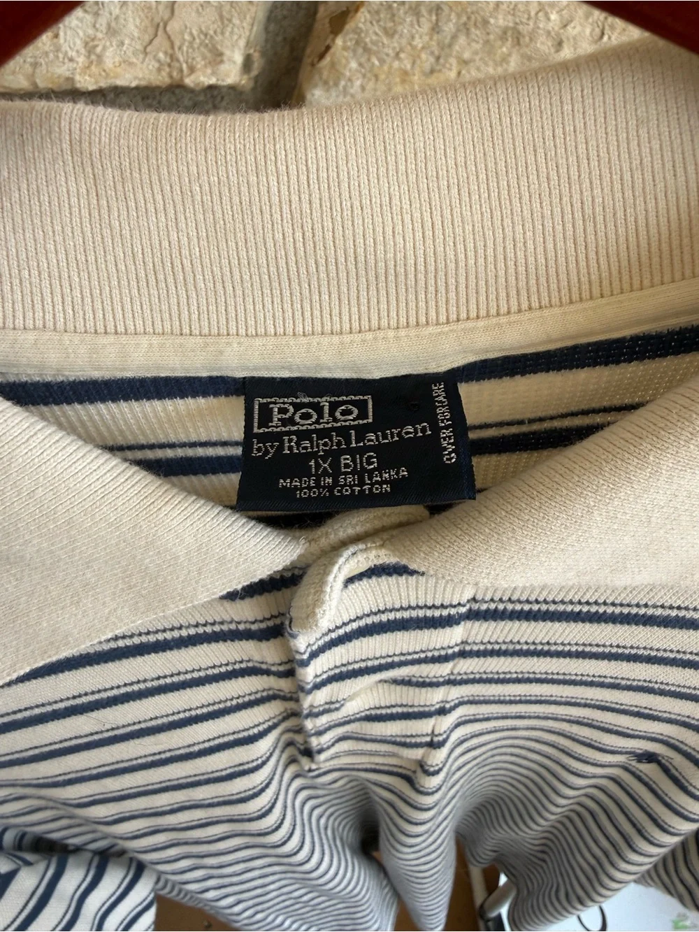 Vintage Polo Ralph Lauren 1X Big Cream Navy Striped Mesh Polo Shirt
